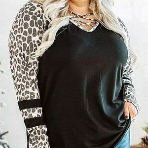 Leopard Splicing Criss-Cross Neck Plus Size Top